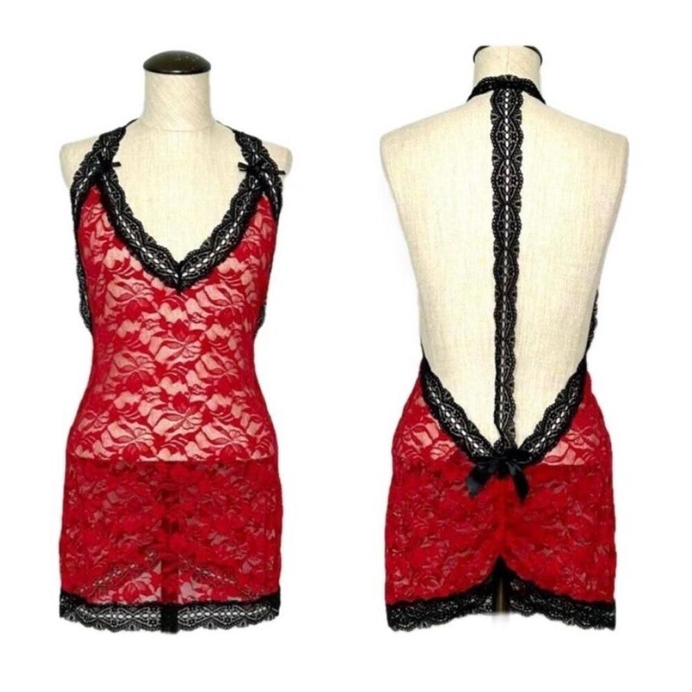 Dreamgirl Women's Red and Black Mixed Lace Sexy T-Back Chemise One Size